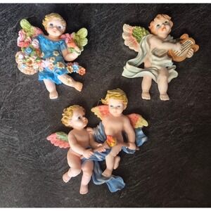 Sansco 1995 Cherub Angel Wall Plaques Set of 3 Floral Lyre Heavenly Decor Art